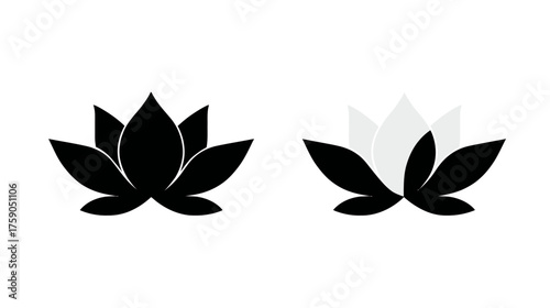 Minimalist black and white lotus flower icon set. Yoga, meditation, spa, wellness, and spiritual symbols for design.