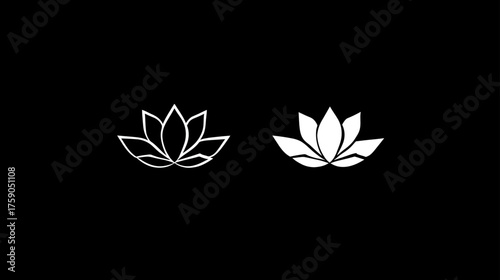 Minimalist white lotus flower icons on black background, two styles: outline and solid. Graphic design element for wellness, spa, yoga, meditation.