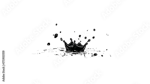 Dynamic black liquid crown splash with droplets, abstract monochrome fluid art on white background, powerful ink drop impact texture