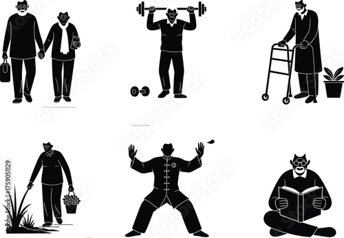 Elderly lifestyle illustration, walking, weightlifting, gardening, reading, martial arts, wellness, mobility, active seniors, retirement activities, black and white vector