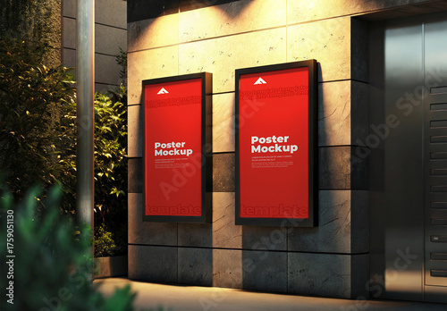 Set of Two Vertical Poster Mockups on a Textured Wall with Accent Lighting