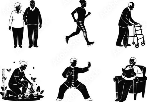 Elderly lifestyle silhouette set, senior activities, gardening, tai chi, reading, walking, jogging, companionship, vector illustration for aging, wellness, retirement, health