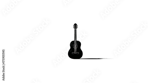 Dramatic black silhouette of an acoustic guitar standing on a clean white background, casting a long shadow. Musical instrument minimalism.