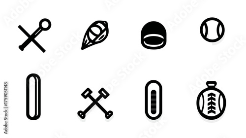 Set of black and white baseball sport icons including bats, ball, glove, and helmet. Simple vector graphic design elements.