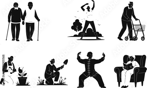 Elderly people lifestyle, walking, gardening, exercising, reading, tai chi, active seniors, retirement activities, wellness, mobility, independence, outdoor health, aging gracefully