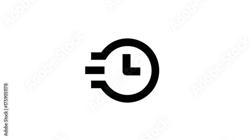 Fast clock icon with motion lines representing speed, quick delivery, urgent service, efficiency, and deadlines. Black and white vector graphic.