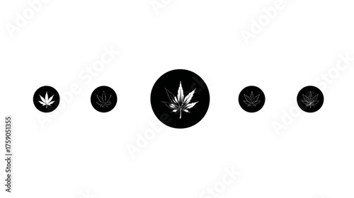 Stylized Cannabis Leaf Icons Set in Black Circles on White Background. Modern Vector Graphic Elements for Herbal, Wellness, and Natural Themes.