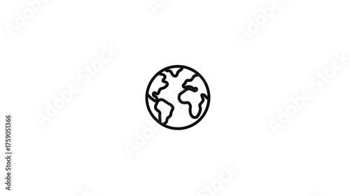 Minimalist black outline icon of Earth globe with continents. Represents global communication, international travel, world map, planet symbol.
