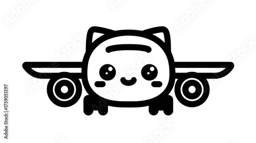 Cute cartoon cat airplane vector icon. Adorable pet character flying illustration, minimalist animal travel design element.