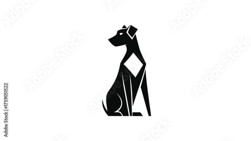 Modern minimalist geometric black dog silhouette sitting, abstract canine illustration with sharp lines and a white diamond shape.