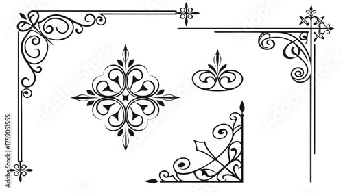 Elegant black and white decorative ornaments and corner flourishes