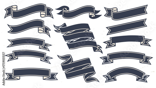 Collection of vintage style dark blue ribbons and banners on black background