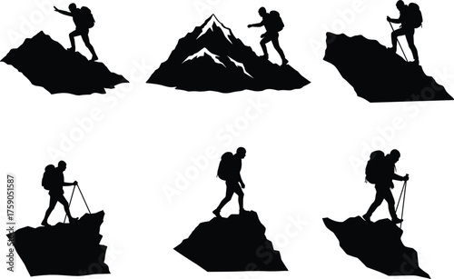 Hiking silhouettes with backpacks and trekking poles, rugged mountain terrain, outdoor adventure, wilderness exploration, mountaineering vector, extreme sports, stock illustration content
