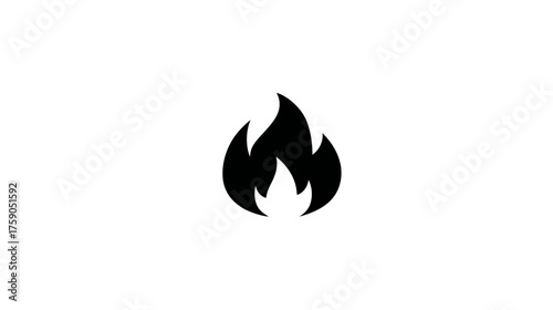 Simple black flame icon, fire symbol, heat, burn, hot, minimalist graphic design element on a clean white background