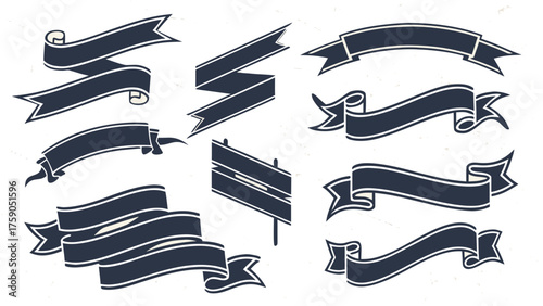 Collection of vintage style dark blue ribbons and banners on textured background