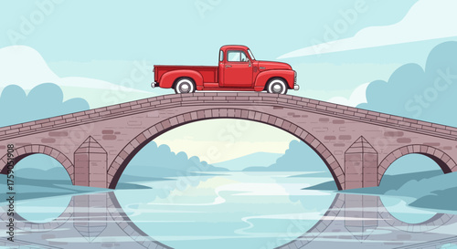 Vintage red truck crossing a charming stone bridge over tranquil waters