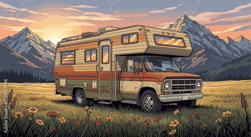 Vintage RV parked amidst wildflower meadow with mountain backdrop illustration