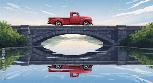 Vintage truck traversing ancient stone bridge over tranquil waterscape