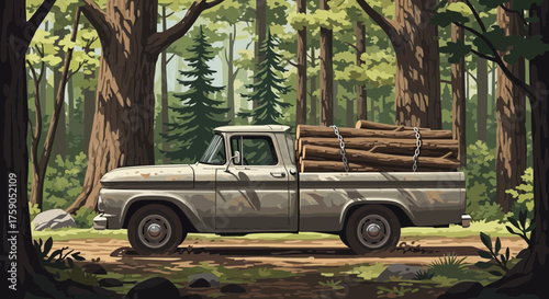 Vintage truck transporting timber through peaceful forest landscape