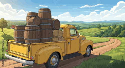Vintage yellow truck transporting barrels through scenic countryside road