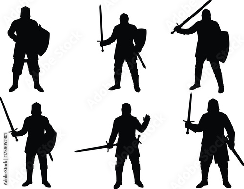 Medieval knight silhouette vector set, sword and shield poses, black warrior icons, battle stance illustration, historical armor, chivalry, combat design