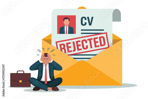 Rejected job application illustration frustrated businessman with CV and rejection stamp vector design for recruitment concept