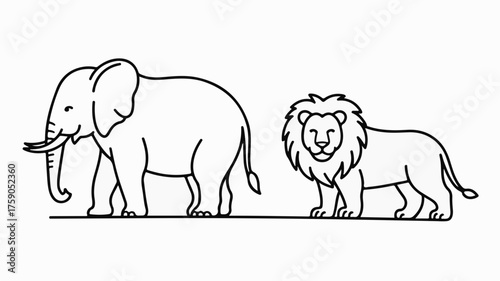 Majestic elephant and regal lion standing side-by-side in a simple line drawing