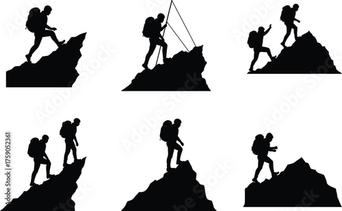 Mountain climbers silhouettes on rocky terrain, hiking teamwork, outdoor adventure, alpine ascent, extreme sports, wilderness exploration, vector illustration for stock content