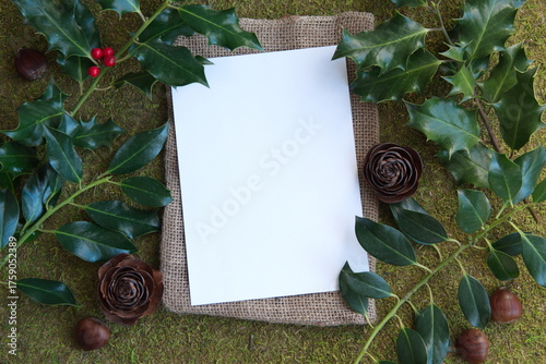 Christmas background with white paper sheet,  mock up