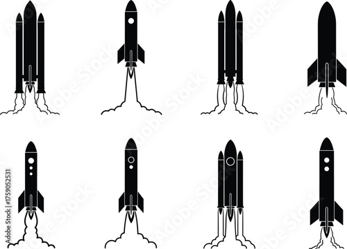 Rocket launch silhouette vector set, space shuttle icons collection, black isolated spacecraft illustration, booster flames, astronaut travel, cosmic exploration design