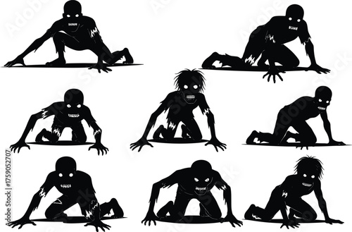 Seven deadly sins silhouettes, crawling humanoid monsters, glowing eyes, dark horror concept, eerie vector art, symbolic evil, emotional distortion, sin-themed illustration