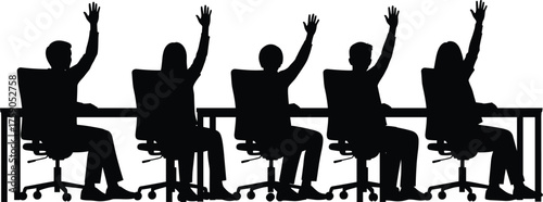 Silhouette of professionals raising hands in meeting, voting gesture, decision-making scene, teamwork participation, office collaboration, black vector illustration concept