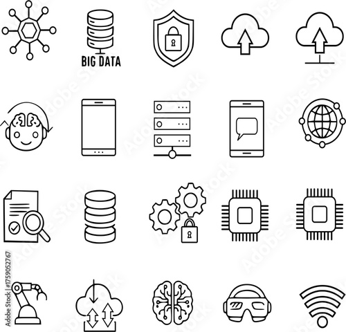 Cyber Security, Big Data, and AI Technology Vector Icons