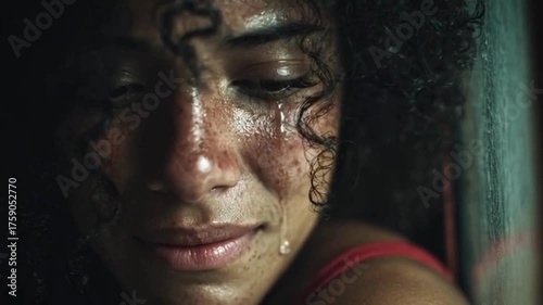 Woman Crying with Sweat and Tears on Face