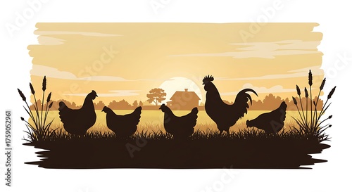 Silhouette of chickens and rooster in a field at sunset rural landscape