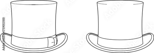 Top hat silhouette, vintage formal headwear, buckle and plain band styles, fashion accessory icon, cad drawing flat vector illustration