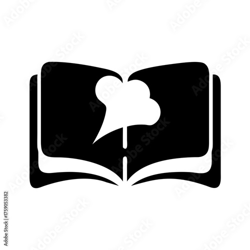 Vector art of open book with chef hat, representing culinary education and recipe knowledge