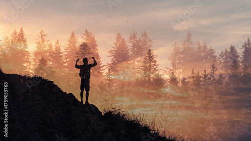 Man climbing up mountain, feeling strong and powerful. Double exposure, self improvement, success, and life goals concept.
