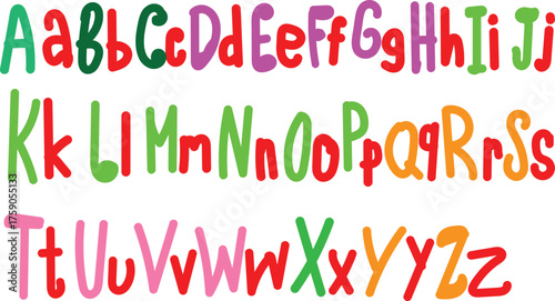 Colorful alphabet letters in various fun fonts and bright colors for education and design.