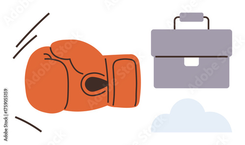 Red boxing glove and gray briefcase juxtaposed, symbolizing rivalry or balancing business challenges. Ideal for career, competition, risk, conflict, motivation, ambition, teamwork simple flat