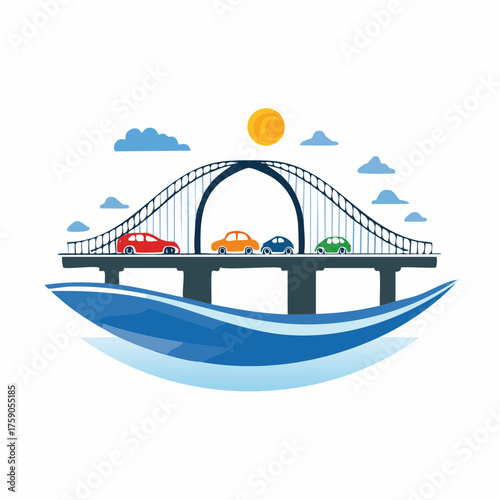 A stylized illustration of a bridge with cars traveling over water and under a sunny sky