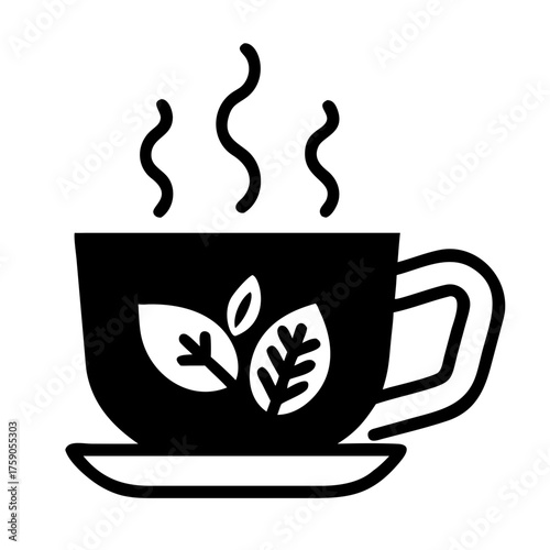 Illustration of a black cup of herbal tea with steam, perfect for relaxation