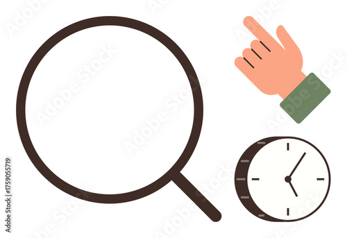 Magnifying glass for investigation, pointing hand for direction, and clock for time management. Ideal for search, focus, guidance, scheduling, analysis, timelines decision-making simple flat