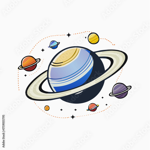 A Whimsical Illustration Depicting a Colorful Celestial Body Surrounded by Orbital Companions