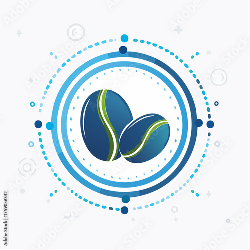 Artistic rendition of two stylized blue coffee beans within a circular graphic design element