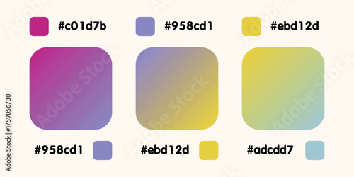 Gradient collection, shiny rainbow hologram. Holographic foil texture, blue, pink, brown gradation. Catalog of samples palettes in RGB HEX. Vector set for frame, border, other design.