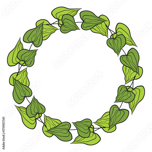 Hand drawn plants, dividers, wreaths, border frames. Circle floral frame with leaves on white background. Vector hand drawn illustration for wallpaper, posters, card. Copy space. Doodle style.