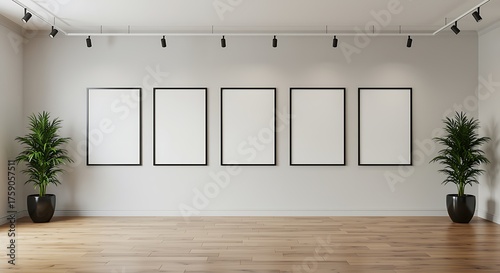 Empty gallery wall with five blank black framed pictures and plants exhibition interior