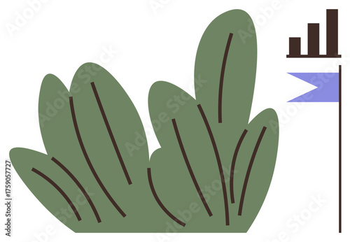 Green leafy plants paired with a rising bar chart and flag. Ideal for ecology, growth, success, progress, sustainability, business development, nature-focused goals. Clean flat metaphor