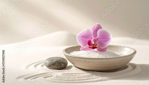 Serene zen garden with pink orchid, smooth stone, and raked sand evokes tranquility, balance, and mindful relaxation for spa, wellness, and meditation themes